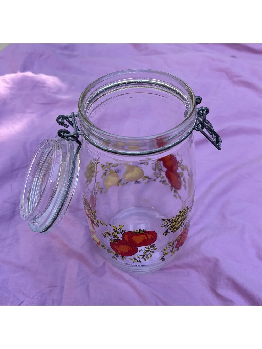 Vintage Fruit Print Glass Canister Wire Bail Jar 1.5L